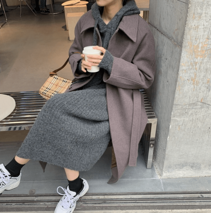 骨格ウェーブフード付きニットワンピース