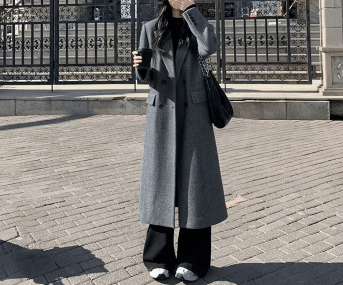 骨格ストレートラペルカラーダブルフロントロングコート アウター|骨格