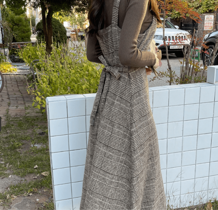 骨格ストレートグレンチェック柄フレアロングジャンパースカート