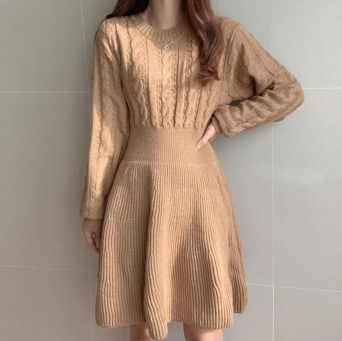 骨格ウェーブ服ウエストマークニットワンピース