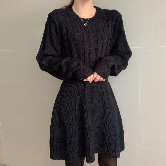 骨格ウェーブ服ウエストマークニットワンピース