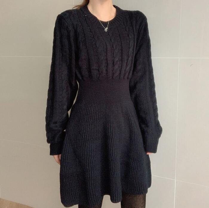 骨格ウェーブ服ウエストマークニットワンピース