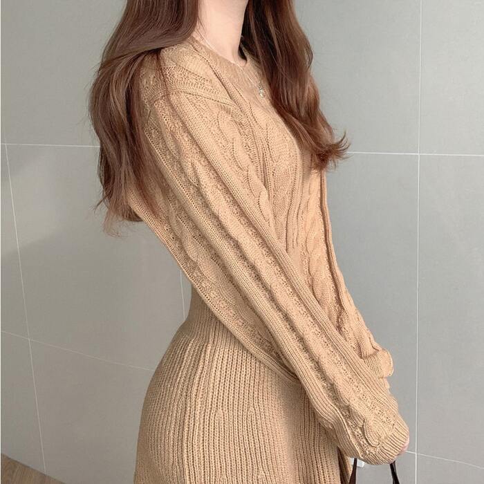 骨格ウェーブ服ウエストマークニットワンピース