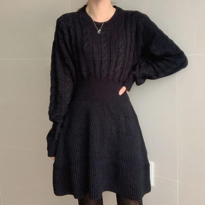 骨格ウェーブ服ウエストマークニットワンピース