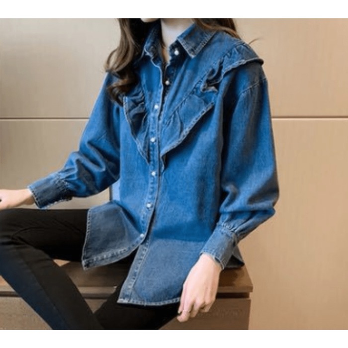 骨格ウェーブ服フロントフリルデニムトップス