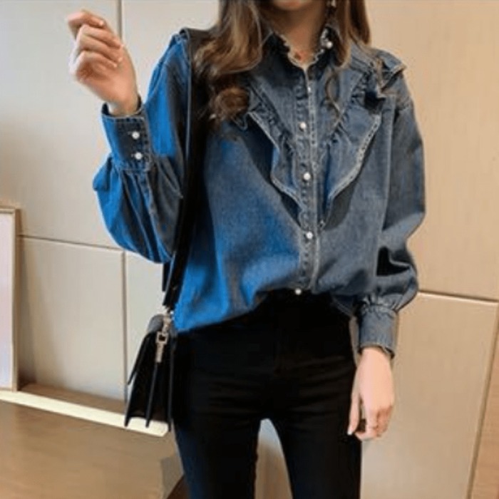 骨格ウェーブ服フロントフリルデニムトップス