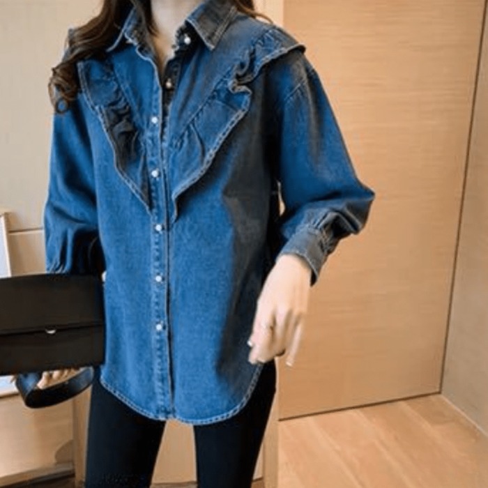 骨格ウェーブ服フロントフリルデニムトップス