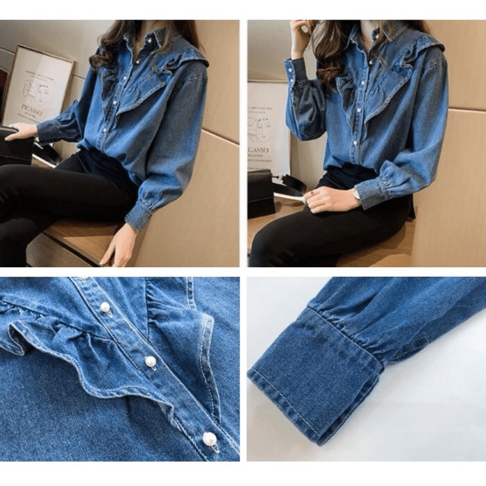 骨格ウェーブ服フロントフリルデニムトップス