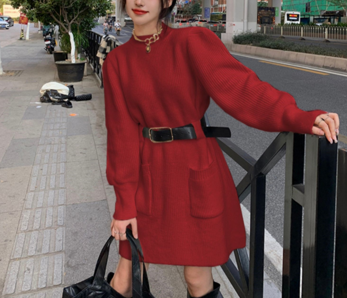 骨格ウェーブパフスリーブニットミニワンピース