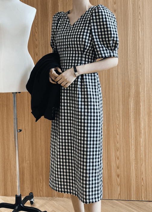 骨格ウェーブ服ギンガムチェックウエストタックワンピース