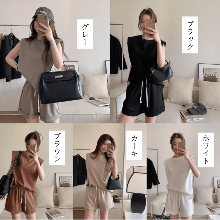 骨格ウェーブノースリーブ+ショートパンツセットアップ