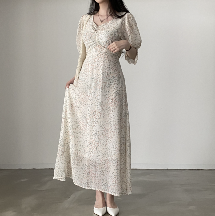 骨格ストレートパフスリーブ花柄ロングワンピース ロング