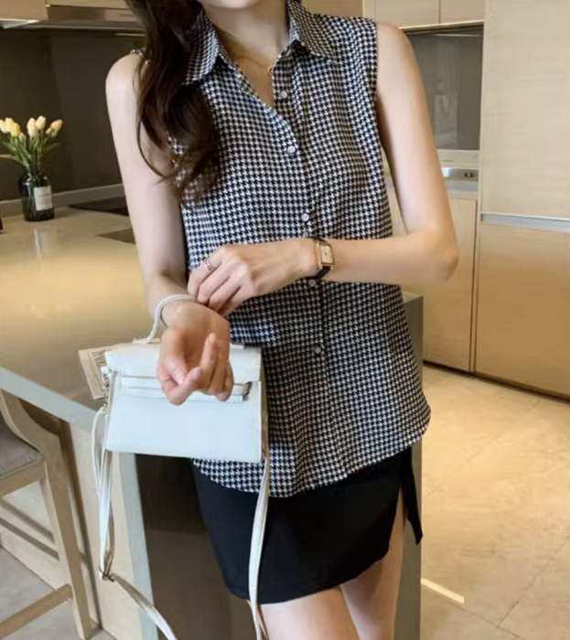 骨格ストレート千鳥柄ノースリーブシャツ シャツ/カットソー