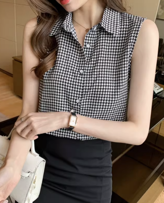 ranor☆千鳥格子柄ノースリーブシャツ☆XSサイズ☆美品 骨格ストレート千鳥柄ノースリーブシャツ シャツ/カットソー