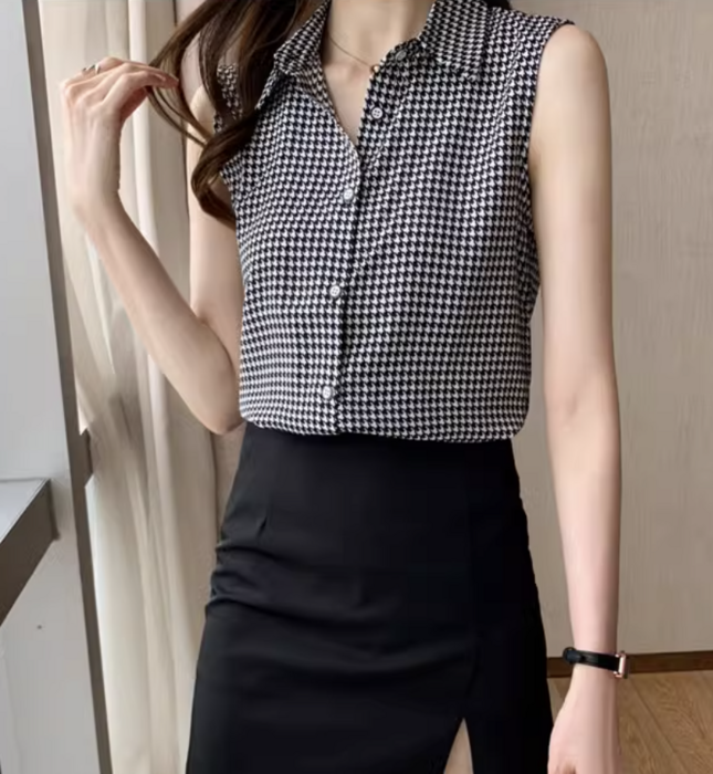 骨格ストレート千鳥柄ノースリーブシャツ シャツ/カットソー|骨格