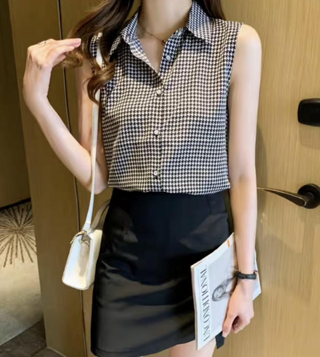 ranor☆千鳥格子柄ノースリーブシャツ☆XSサイズ☆美品 骨格ストレート千鳥柄ノースリーブシャツ シャツ/カットソー