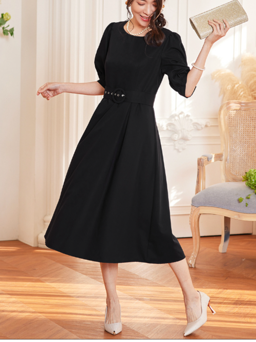 骨格ストレートフローラルパフスリーブロングドレス パーティードレス