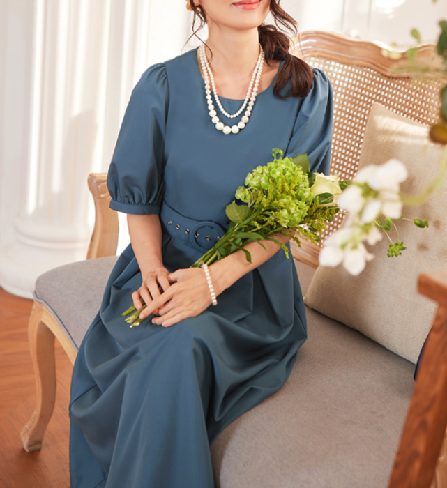 骨格ストレートフローラルパフスリーブロングドレス パーティー