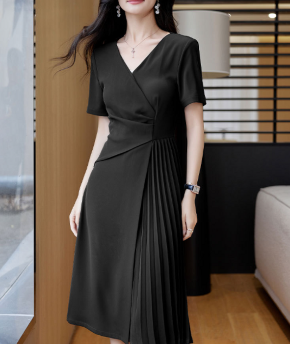 骨格ストレートカシュクールサイドプリーツワンピース ロング