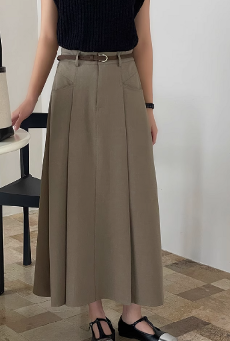 骨格ストレートベルト付きプリーツフレアスカート フレア/Aライン