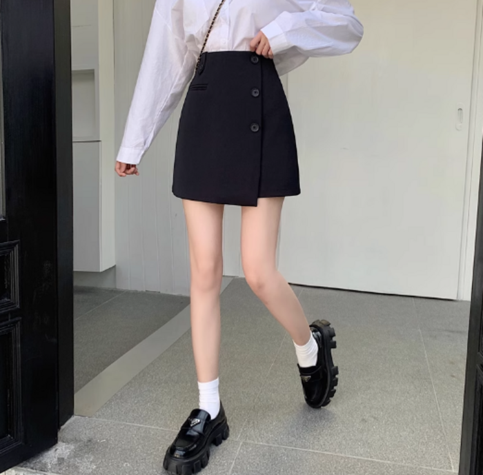 骨格ストレートサイドボタン台形ミニ丈スカート ミニスカート