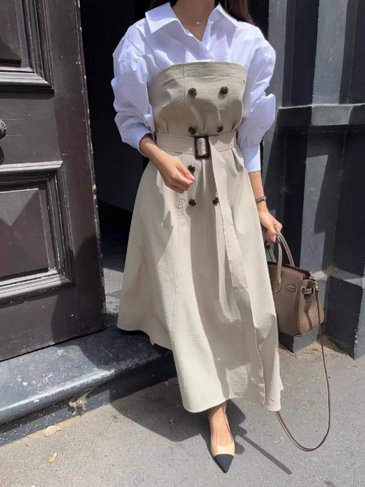 骨格ストレートフレンチ切り替えシャツワンピース ロング