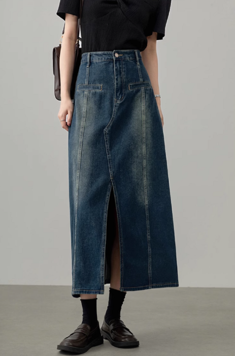 骨格ストレートフロントスリットロングデニムスカート デニム