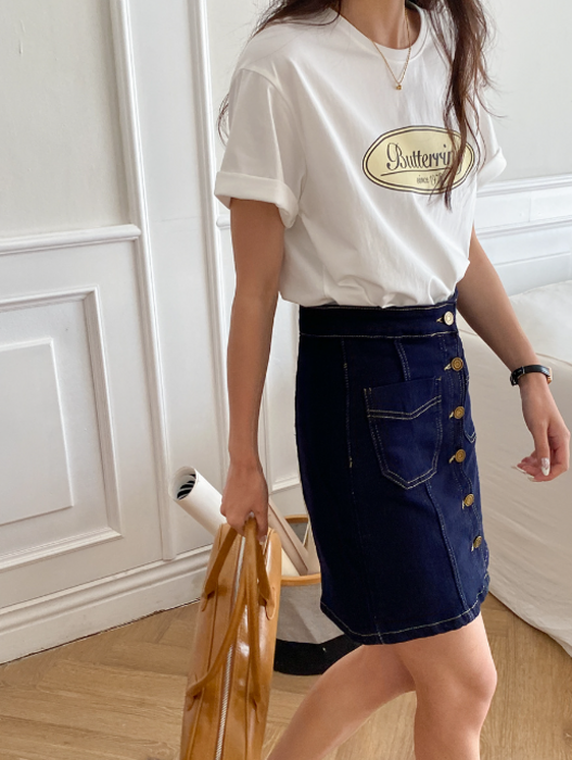 骨格ストレートフロントボタンミニ丈ロングスカート デニムスカート