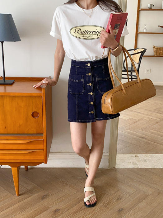 骨格ストレートフロントボタンミニ丈ロングスカート デニムスカート