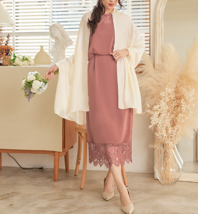 骨格ストレート裾切り替えレースロングドレス パーティードレス