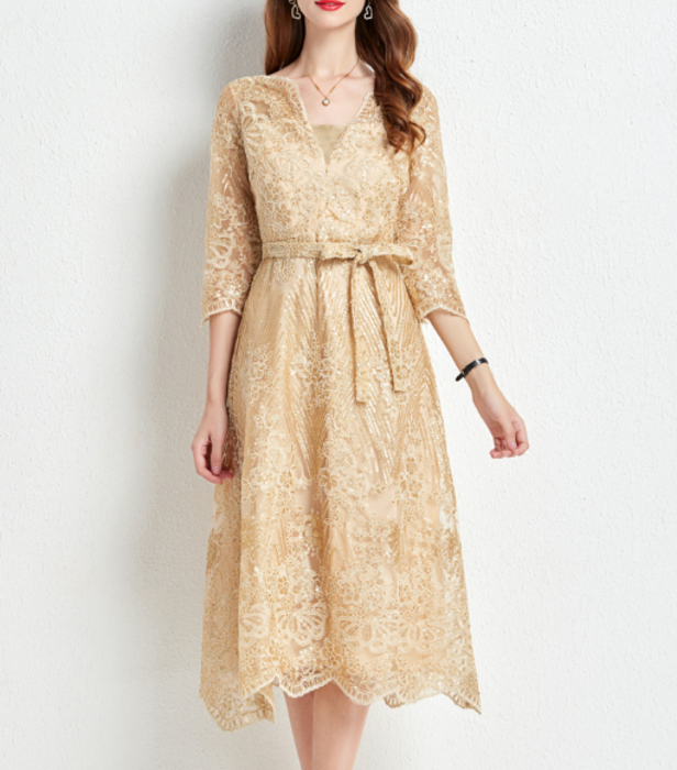 総レース ウエストマーク ドレス フレア シアー ロング cr9607 Lace Ladies ドレス 花柄総レースロング丈フレアワンピース
