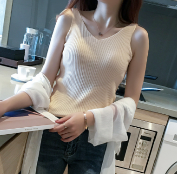 関税なし【RECTO】Vネックリブニット タンクトップ 骨格ストレートVネックニットタンクトップ ニット|骨格