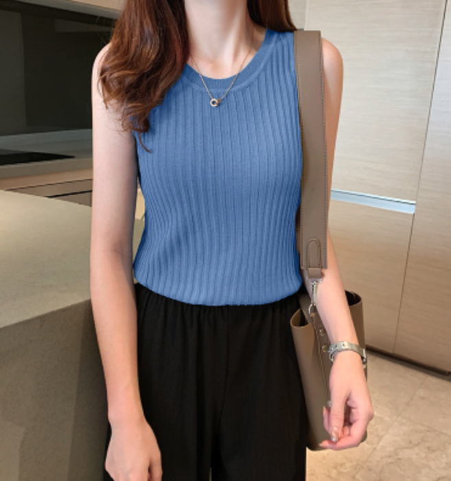 骨格ストレートラウンドネックハイゲージノースリーブトップス ニット