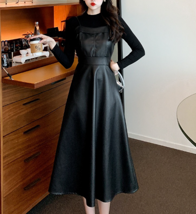 ワンピースセット 骨格ストレートフェイクレザーキャミワンピース+長袖ニット