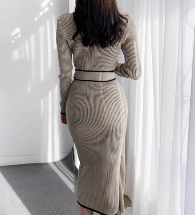 骨格ストレートコントラストニットワンピース ロングワンピース|骨格