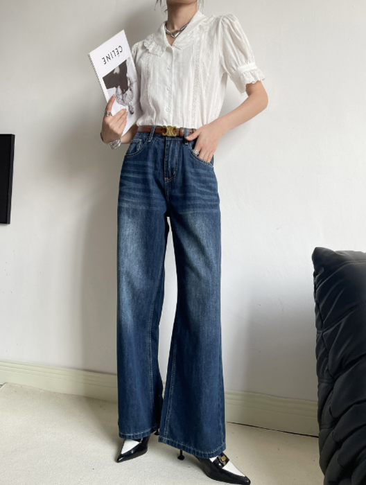 ストレートセミワイドデニムパンツ(S~L) 3色 O5013 骨格ストレートデニムセミワイドパンツ ワイドパンツ|骨格