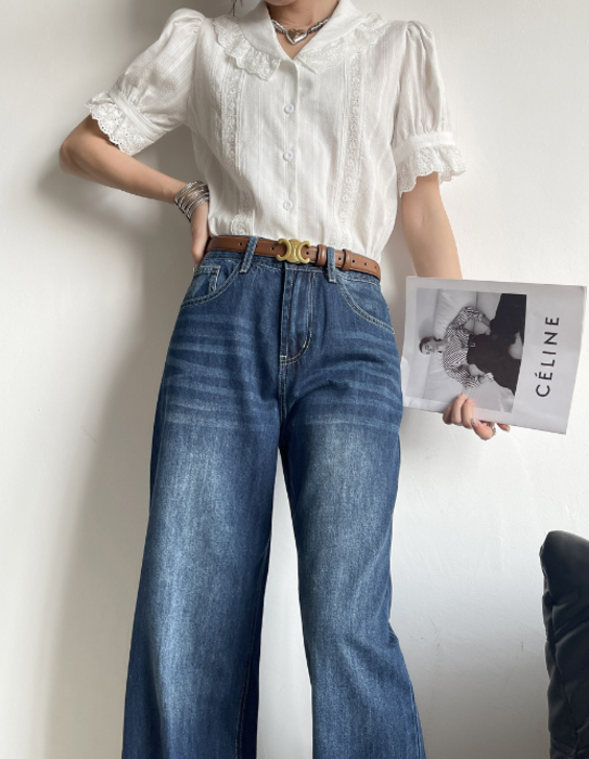 ストレートセミワイドデニムパンツ(S~L) 3色 O5013 骨格ストレートデニムセミワイドパンツ ワイドパンツ|骨格