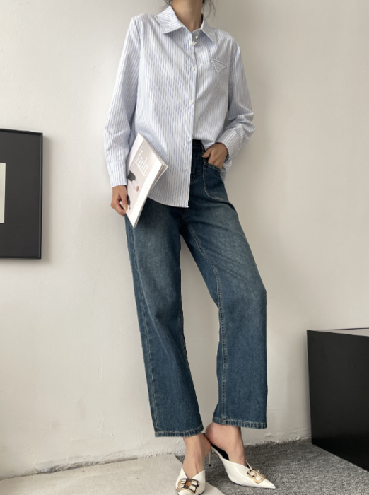 骨格ストレートストライプサイドアクセントシャツトップス シャツ