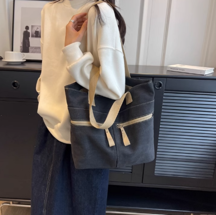 骨格ナチュラルフロントファスナーポケット付きトートバッグ
