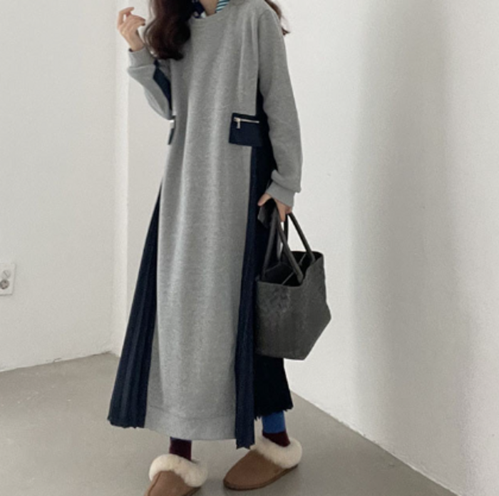 骨格ナチュラルサイドプリーツバイカラーワンピース ロングワンピース