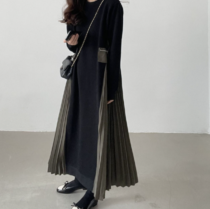 骨格ナチュラルサイドプリーツバイカラーワンピース ロングワンピース