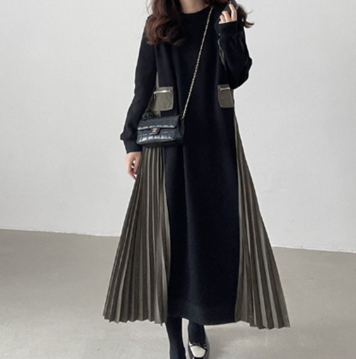 骨格ナチュラルサイドプリーツバイカラーワンピース ロングワンピース