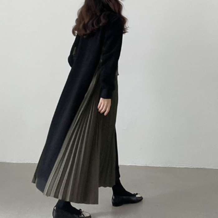 骨格ナチュラルサイドプリーツバイカラーワンピース ロングワンピース