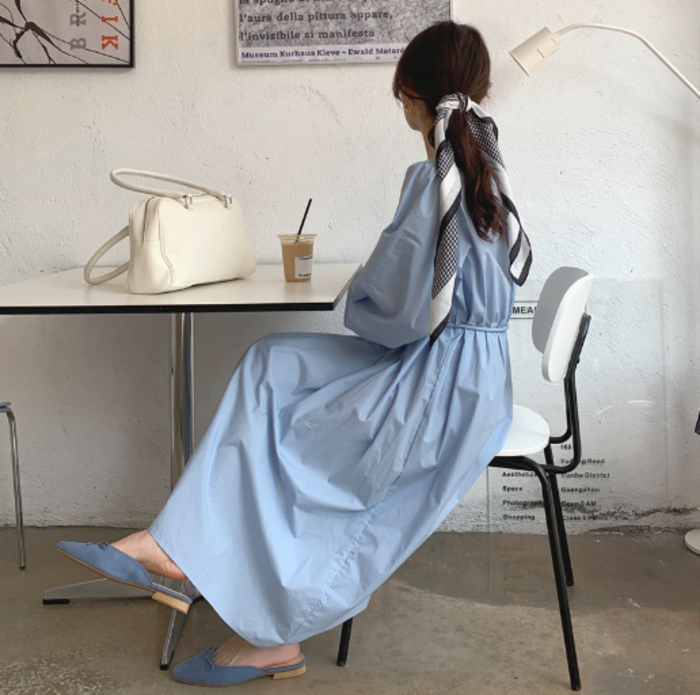 Aライン シンプル ワンピース ランタンスリーブ 韓国 6色 hr9844 ワンピース 七分袖 透け感 ハイウエスト ランタンスリーブ V