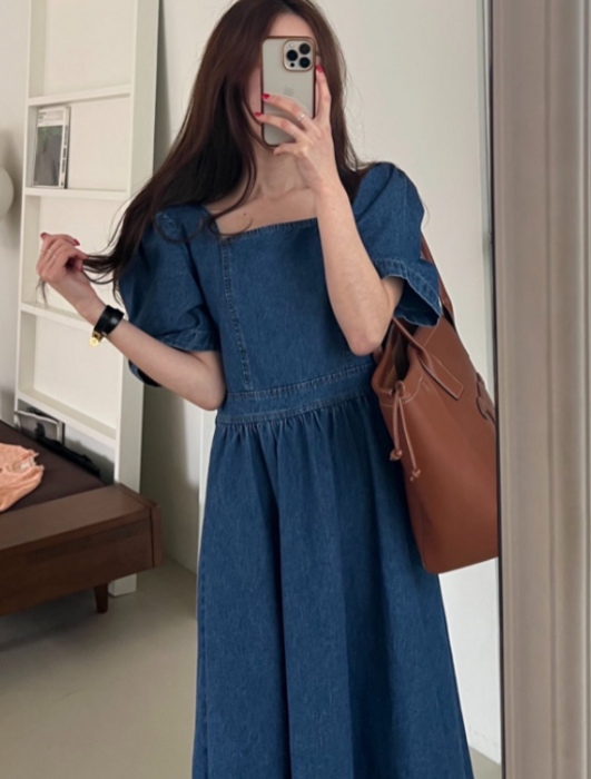 骨格ストレートスクエアネックデニムロングワンピース ロング