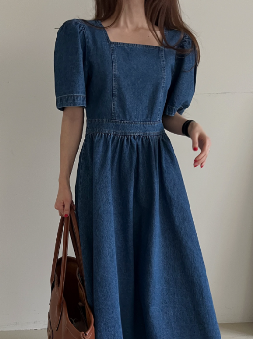 骨格ナチュラルスクエアネックデニムロングワンピース ロング