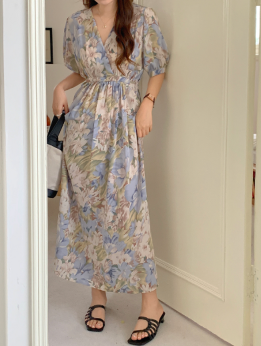 骨格ナチュラルカシュクール花柄ロングワンピース ロングワンピース