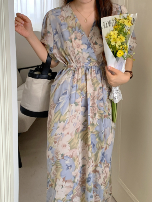 骨格ストレートカシュクール花柄ロングワンピース ロングワンピース