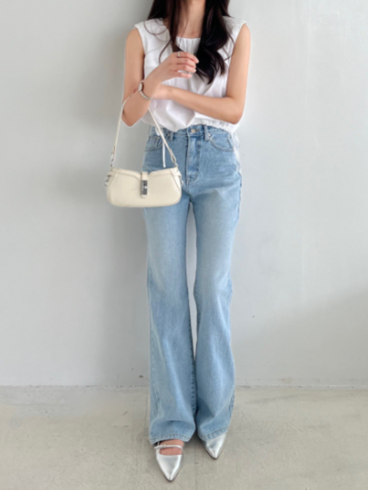 フレアカット ストレートデニム S〜2XL ジェイダ GYDA ハイウエスト SIDE BELT CUTデザインフレアデニム