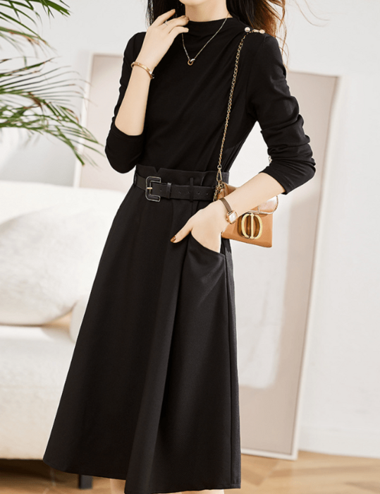 骨格ウェーブサイドポケットベルト付きワンピース（ワンピース）｜骨格